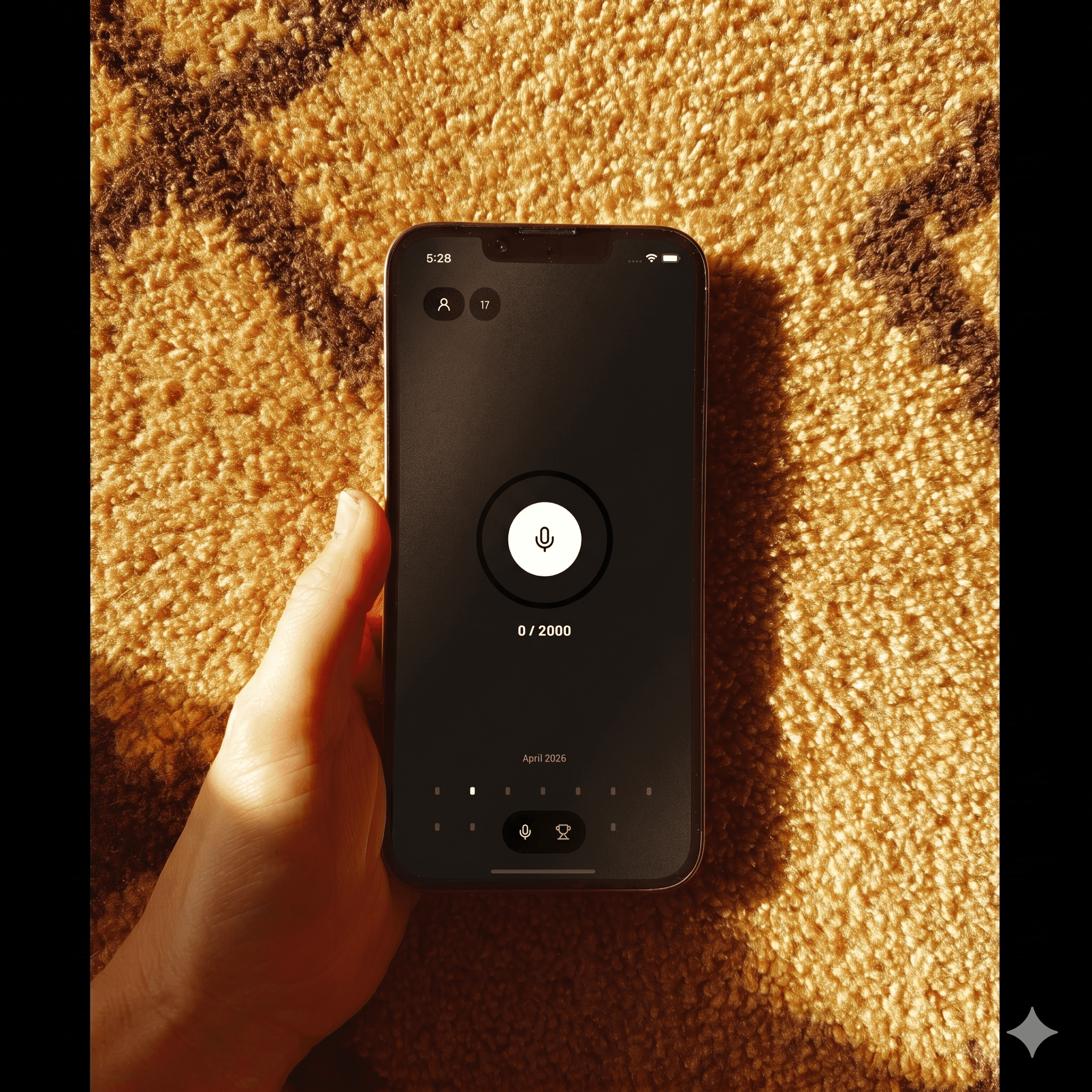 The Nibli app on a carpet, mic button ready to tap